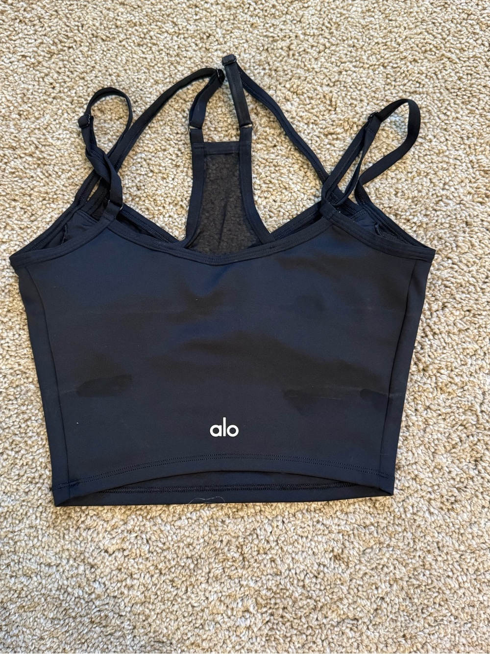 ALO Yoga Black Double-Strap Mesh-Trim Crop Tank - Picture 3 of 5